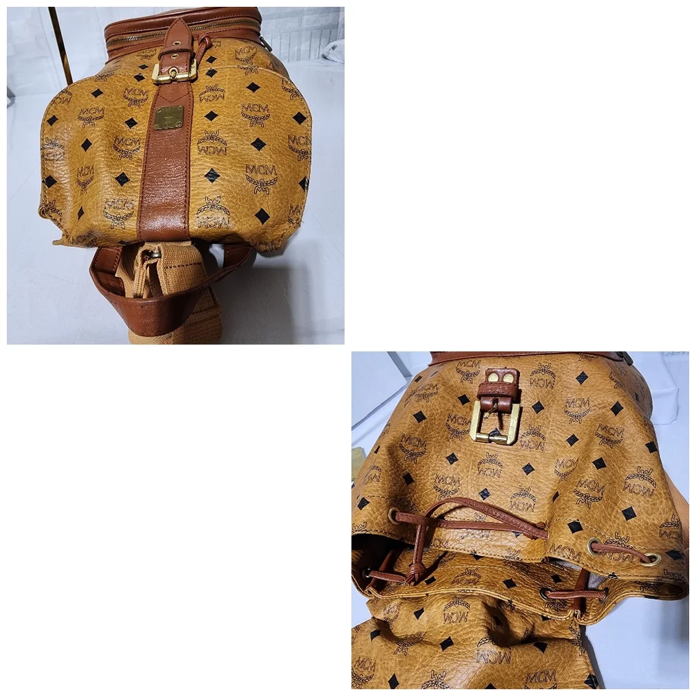 MCM Vintage Logo Print Coated Canvas Backpack Cognac